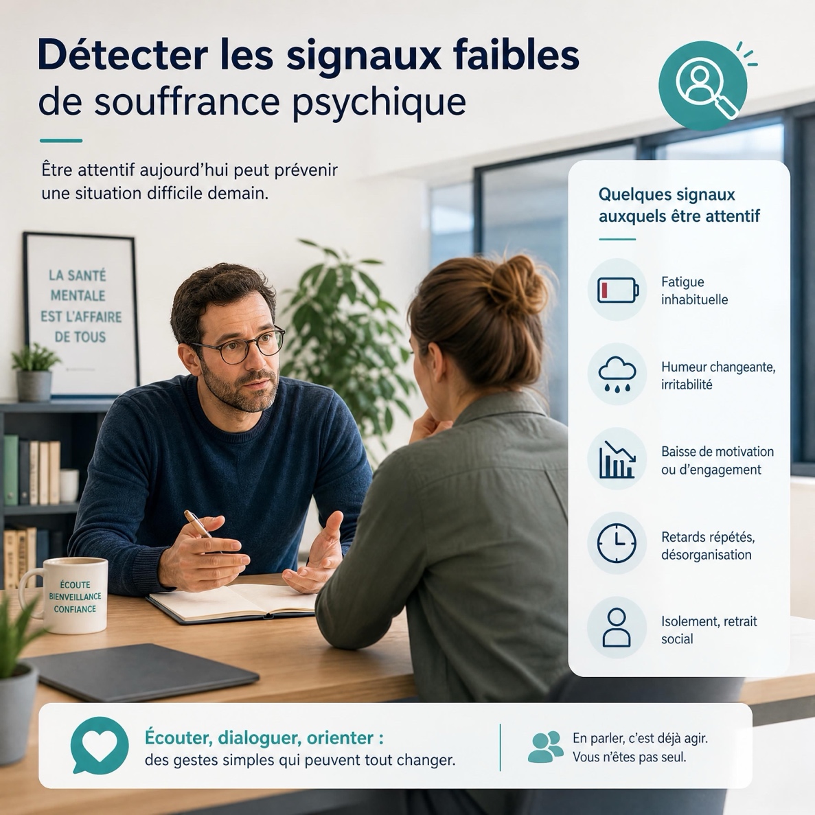 Manager attentif discutant calmement avec un salarié, illustrant la détection des signaux faibles de souffrance psychique